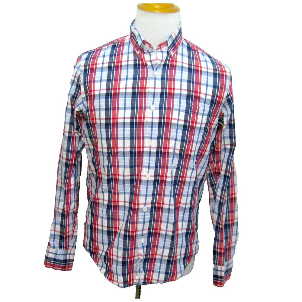 J.CREW Men's (Size Medium) Blue Red Plaid Long Sleeve Button Front Shirt Cotton